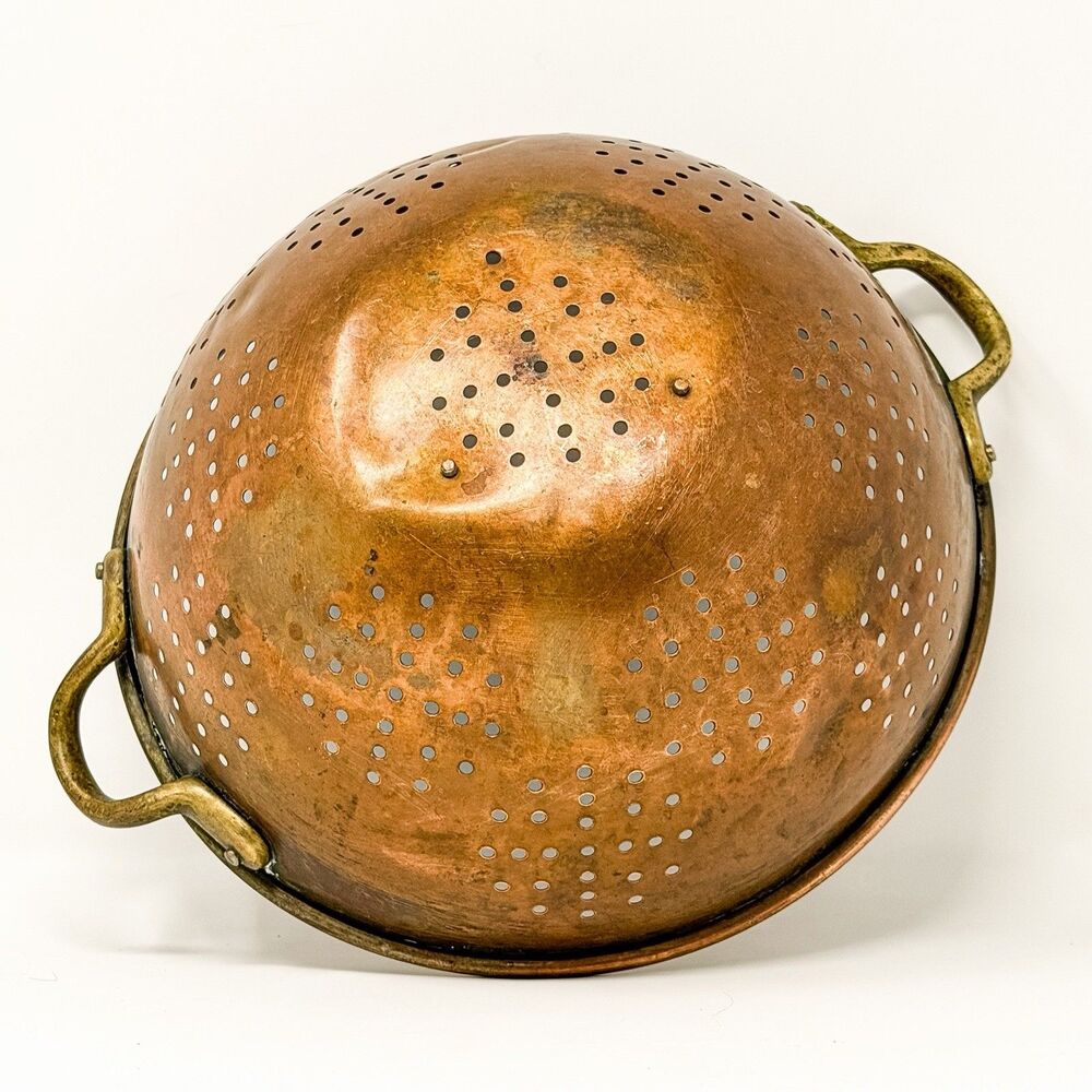 Vintage Copper Colander Brass Handles Farmhouse Kitchen Strainer Bowl Rustic
